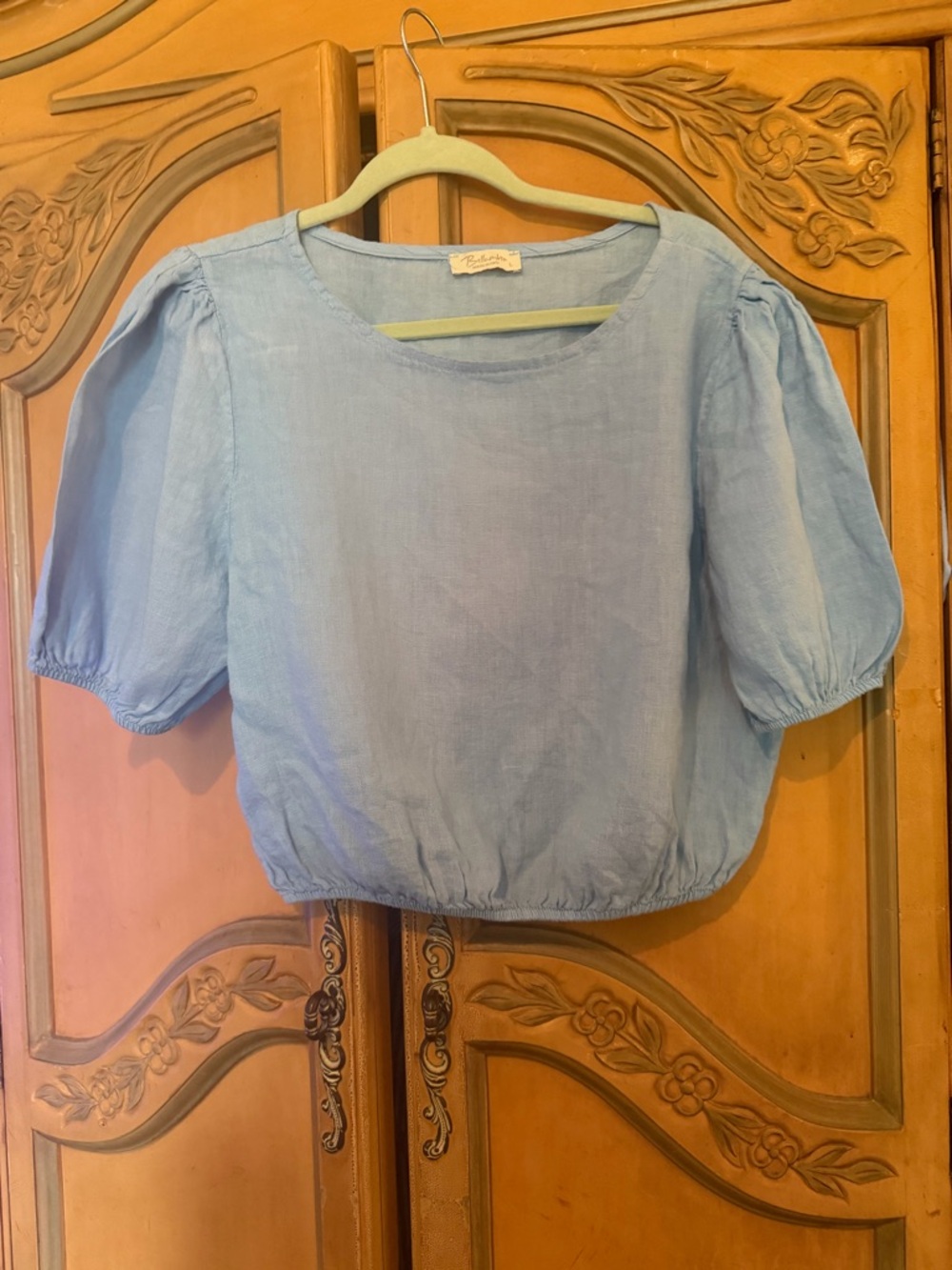 Light Blue Puff-Sleeve Cotton Blend Top by Ruffle + Co.